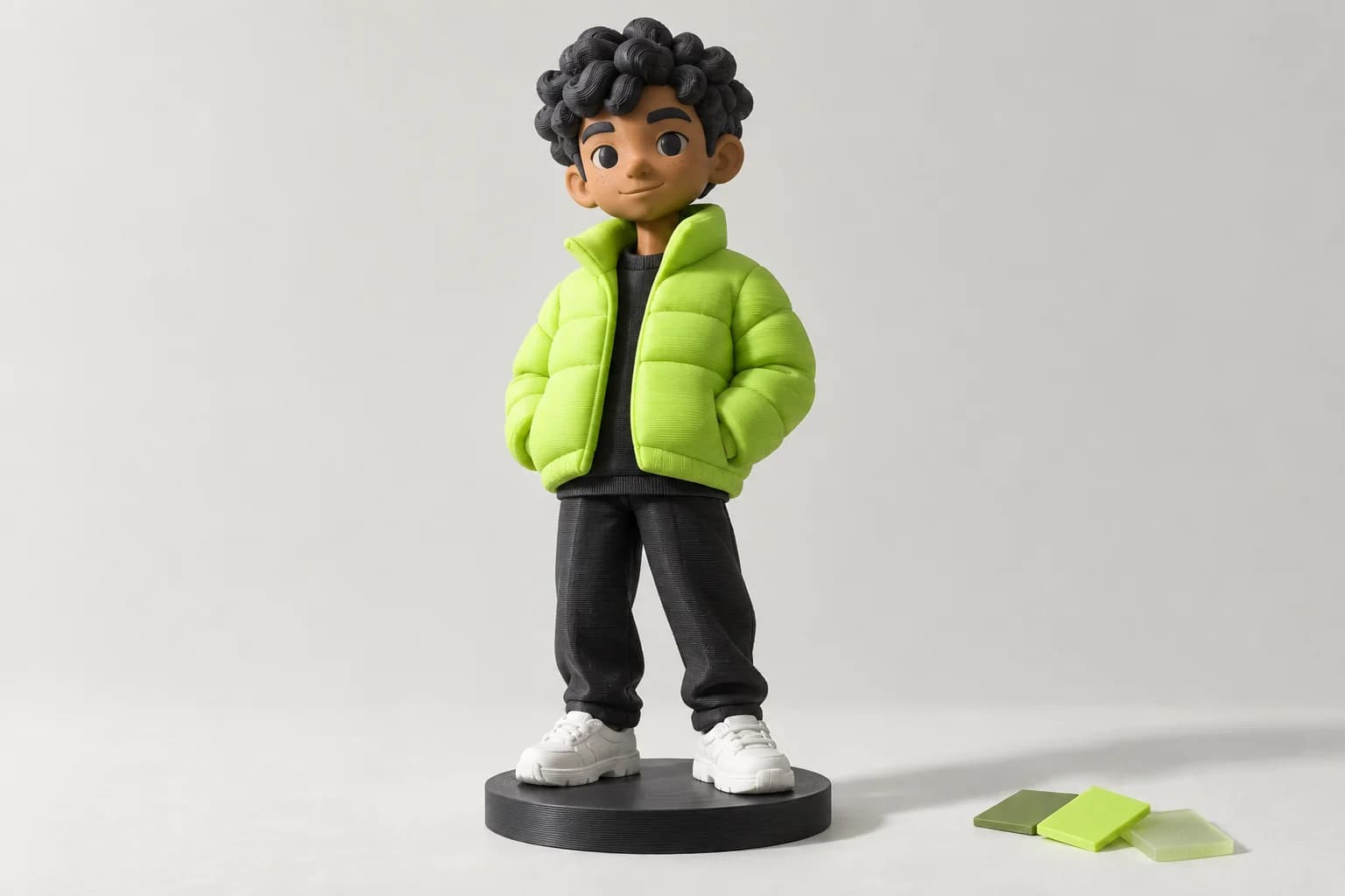 Ejemplo de mini figura personalizada con campera verde flúor, zapatillas blancas y base circular