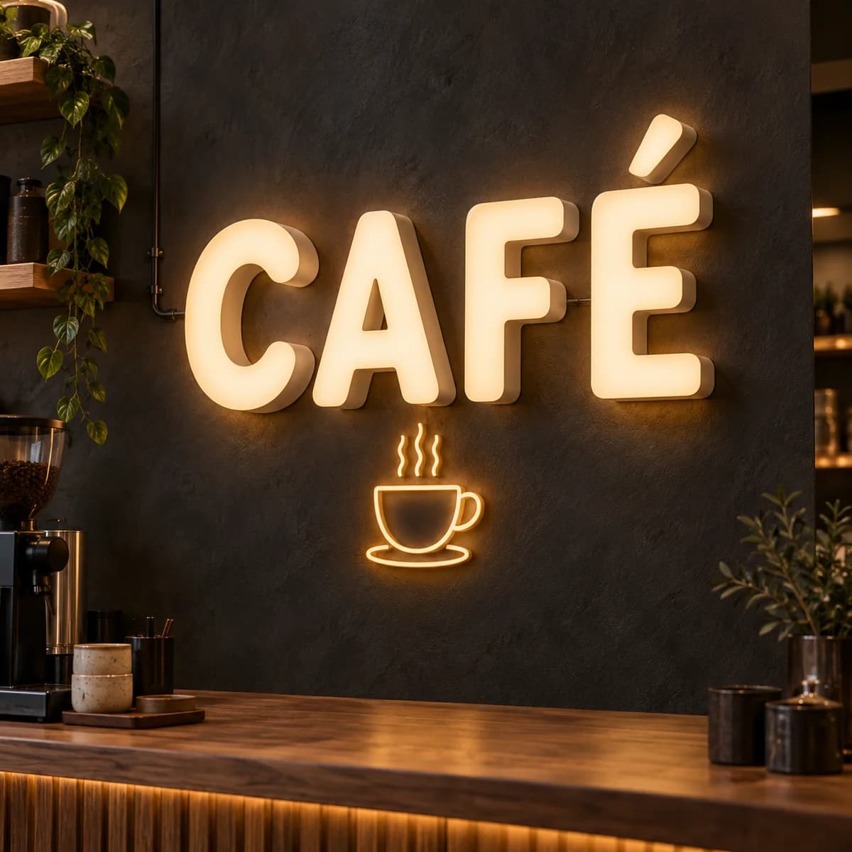 Ejemplo conceptual de letrero LED CAFÉ con letras luminosas cálidas para un negocio